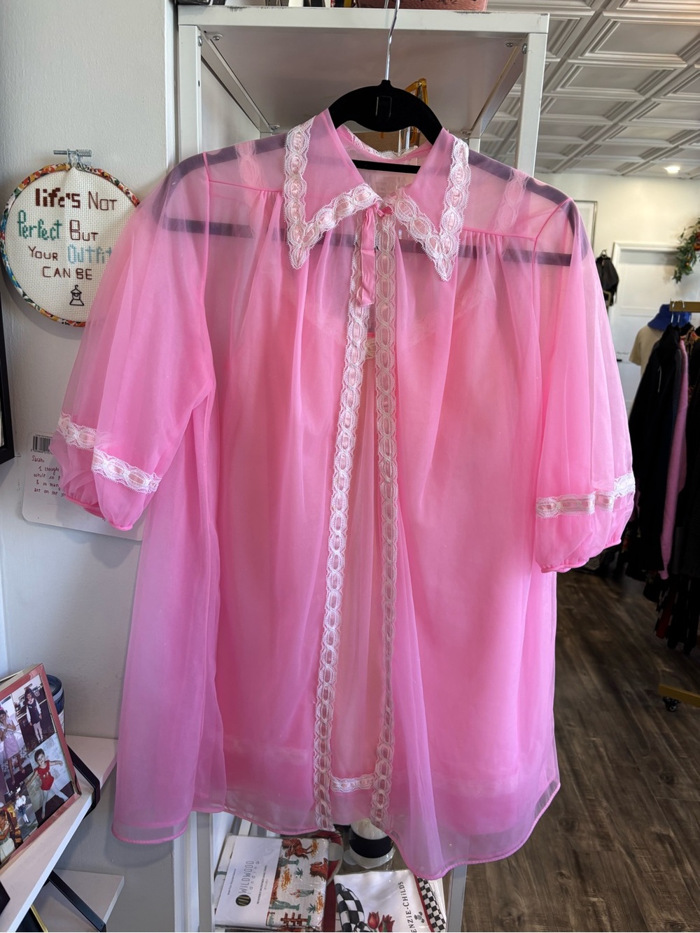 Vintage Sheer Pink Lace-Trim pajama cover up with Matching Slip